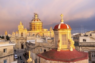 Rabat skyline with St Paul church dome on the left during sunset, Rabat Mdina, Malta