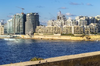 View of seafront modern part of capital city La Valletta, Malta