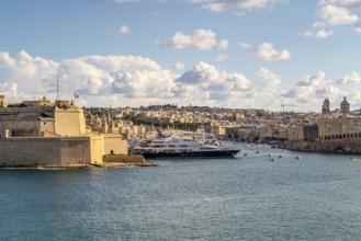 La Valletta beautiful view with Saint Angelo Fortress and marina, capital city of Malta