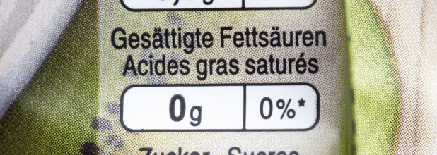 Quantity and percentage of the recommended daily intake of saturated fatty acids on a packet of