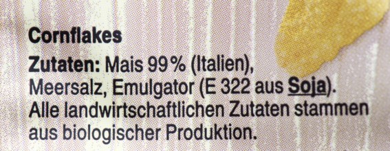 List of ingredients on a packet of cornflakes