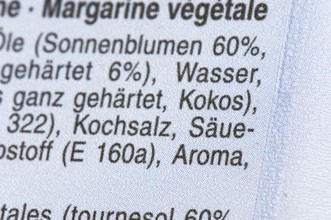 List of ingredients on a packet of margarine. Focus on flavour