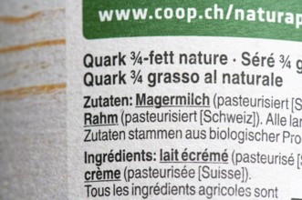 List of ingredients on a packet of quark. Focus on the ingredient skimmed milk and cream