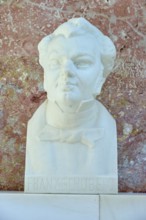 Marble bust of Franz Schubert, musical expression against a red background, Walhalla, Donaustauf,
