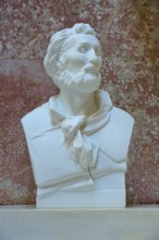 Marble bust of Heinrich Heine with beard against a reddish background, Walhalla, Donaustauf,