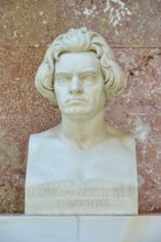 White marble bust of Ludwig van Beethoven in front of a reddish wall, Walhalla, Donaustauf,