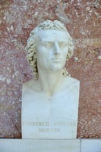 Marble bust of Friedrich Schiller, poet, against a reddish background, Walhalla, Donaustauf,