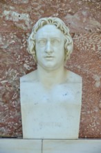Marble bust of Johann Wolfgang Goethe against a reddish background, Walhalla, Donaustauf,