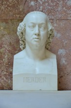 Marble bust of Johann Gottfried Herder against a reddish background, Walhalla, Donaustauf,