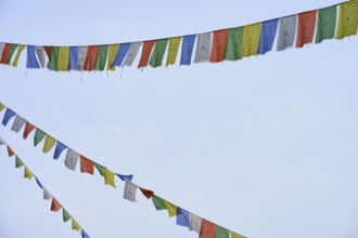 Colourful prayer flags waving gently against the blue sky and creating a meditative atmosphere,