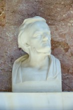 Artistic marble bust of Richard Wagner with an expressive face against a red background, Walhalla,