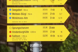 Yellow signposts for hiking trails, Reit im Winkl, Chiemgau, Upper Bavaria, Bavaria, Germany