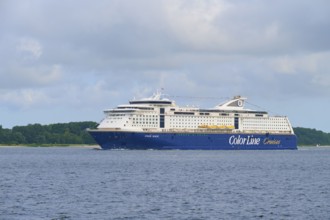 Ferry of the Color Line on the sea with cloudy sky, Heikendorf, district Plön, Kieler Förde,