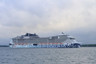 Cruise ship, MSC Euribia, at sea under a cloudy sky, Heikendorf, Plön district, Kiel Fjord,