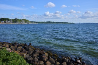 Coastal scene with rocky shoreline and blue sky dotted with clouds, Heikendorf, Plön district, Kiel