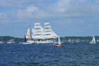 A tall ship Gorch Fock on the sea between several other boats, Windjammer Parade Kiel 2025,