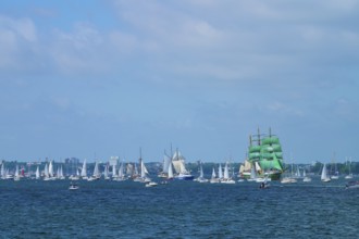 Several sailing ships on the blue sea under a slightly cloudy sky, Windjammer Parade Kiel 2025,