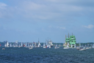 Many sailing boats on the ocean, a large sailing ship Alexander von Humbold 2 with green sails