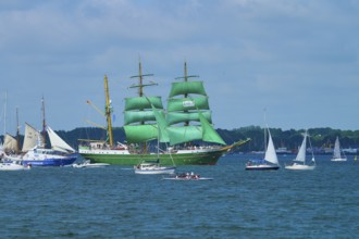 A large sailing ship with green sails Alexander von Humbold 2 and a group of smaller boats on the