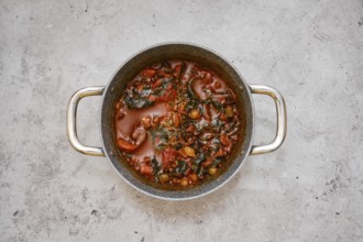 A large pot filled with a flavourful beef and vegetable stew on a gray kitchen countertop.