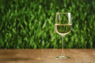 A clear glass filled with white wine on a wooden table. The backdrop features lush green grass,