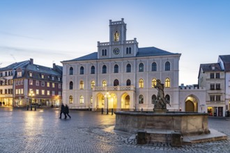 The town hall and Neptune fountain on the market square at dusk, Weimar, Thuringia, Germany
