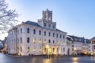 The town hall at dusk, Weimar, Thuringia, Germany
