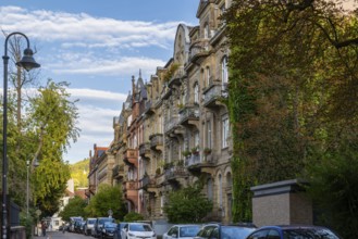 Balconies on a house facade, historic houses, Landfriedstraße, Heidelberg, Kurpfalz,