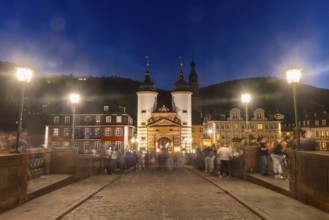 City Gate Old Bridge, River, Blue Hour, Heidelberg, Electoral Palatinate, Baden-Württemberg,