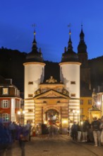 City Gate Old Bridge, River, Blue Hour, Heidelberg, Electoral Palatinate, Baden-Württemberg,