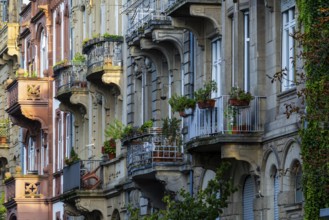 Balconies on a house facade, historic houses, Landfriedstraße, Heidelberg, Kurpfalz,