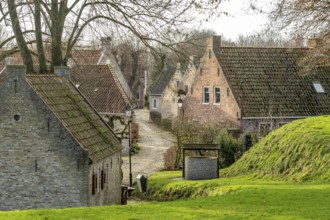 Traditional houses in the village of the inhabited former fortress of Bourtange, Groningen,