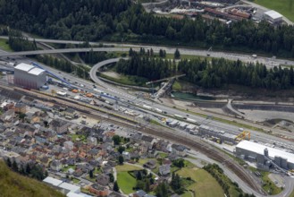 Traffic jam on the Gotthard motorway, northbound, Airolo tunnel entrance, Ticino, Switzerland