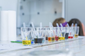 Glasses with different coloured liquids and pipettes arranged for a laboratory experiment, Youth