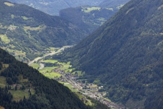 View of the upper Leventina with railway line and motorway, Passo Scimfuss, Ticino, Switzerland