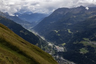 View of the upper Leventina with Airolo, Passo Scimfuss, Ticino, Switzerland