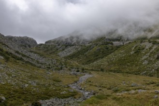 Fog, hiking trail at the Gotthard Pass, right pass road, Hospental, Uri, Switzerland