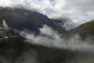 Fog, view of Val Curnera, Oberalp Pass, Surselva, Grisons, Switzerland