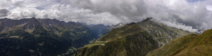 Panorama, view over the Tremola and the Bedretto valley into the Cristallina area, Basodino glacier