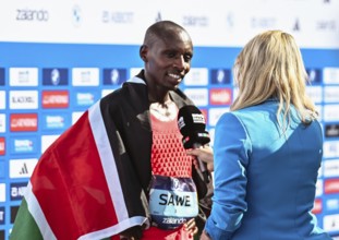 Sabastian Sawe wins the Berlin Marathon in a time of 2:02:16 hours at the Berlin Marathon 2025