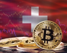 Bitcoin with Switzerland flag in the background. Investors in cryptocurrency and Blockchain