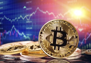 Bitcoin on financial market charts in the background. Investors in cryptocurrency and Blockchain