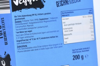 Germany, September 3rd 2025: German ingredient list of fried tofu. Vegan meat substitute
