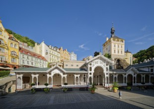 Swiss-style market colonnade and Gothic castle tower, spa, healing spring, health, mineral, mineral