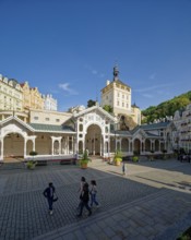 Swiss-style market colonnade and Gothic castle tower, spa, healing spring, health, mineral, mineral