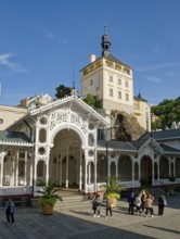 Swiss-style market colonnade and Gothic castle tower, spa, healing spring, health, mineral, mineral