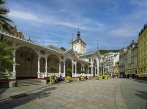 Swiss-style market colonnade and Gothic castle tower, spa, healing spring, health, mineral, mineral