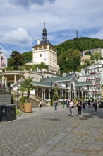 Swiss-style market colonnade and Gothic castle tower, spa, healing spring, health, mineral, mineral