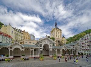 Swiss-style market colonnade and Gothic castle tower, spa, healing spring, health, mineral, mineral