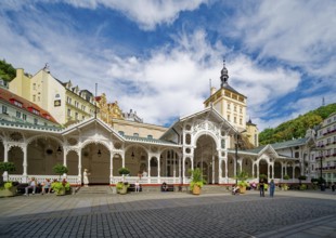 Swiss-style market colonnade and Gothic castle tower, spa, healing spring, health, mineral, mineral